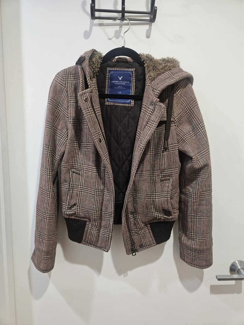 American Eagle Outfitters Plaid Hooded Bomber Jacket - Brown Plaid